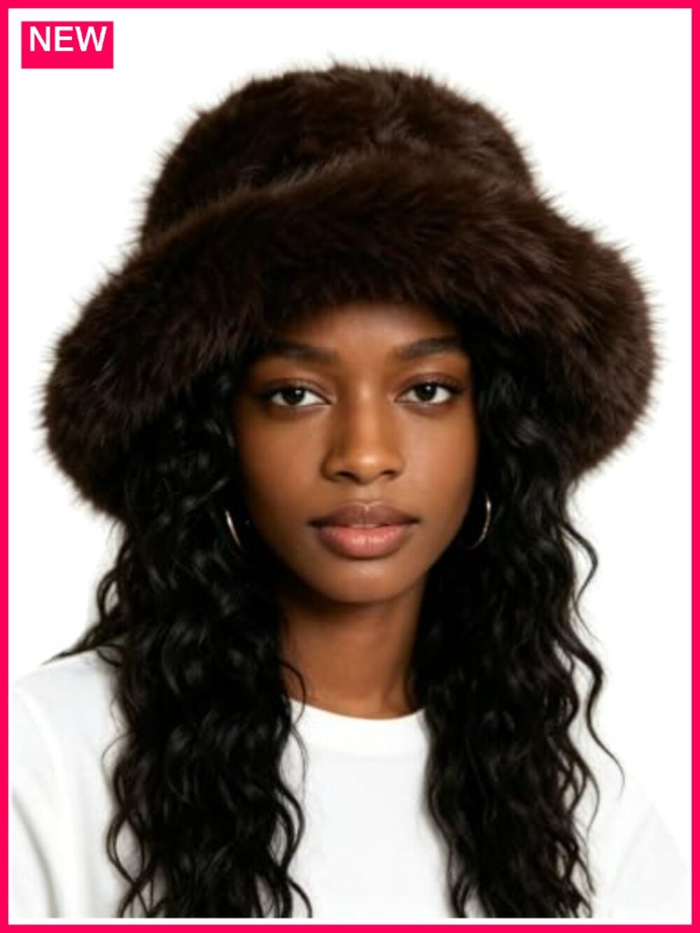 Women's Oversized Faux Fur Bucket Hat with Wired Wide Brim, Adjustable Fit